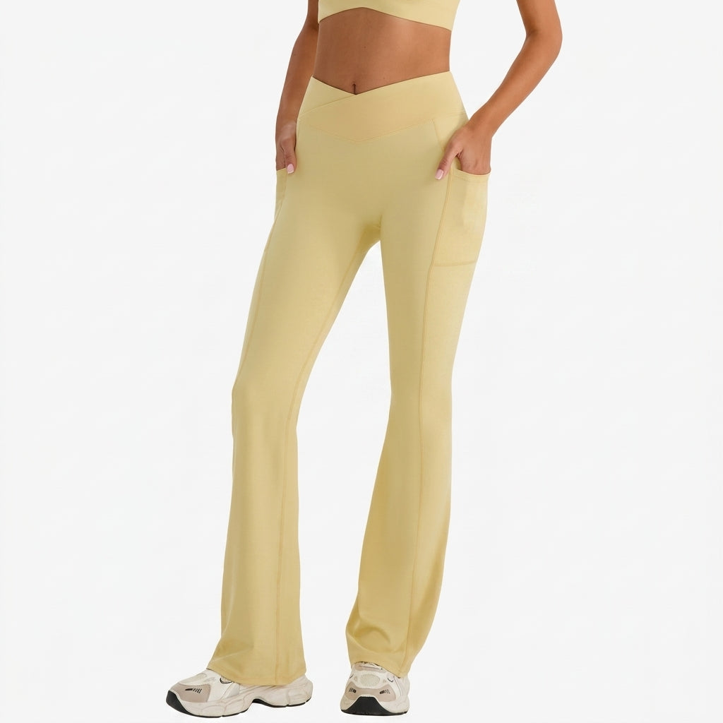 High-Waist Cross-V Flared Yoga Pants Side Pockets
