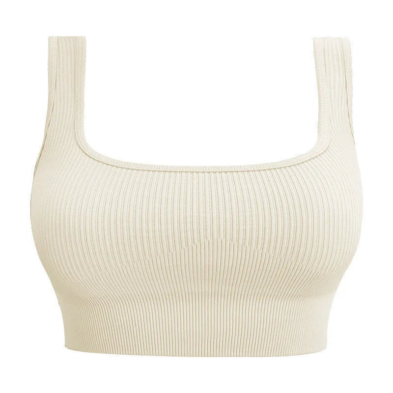 U-Back Ribbed Crop Tank Top with Built-in Pads