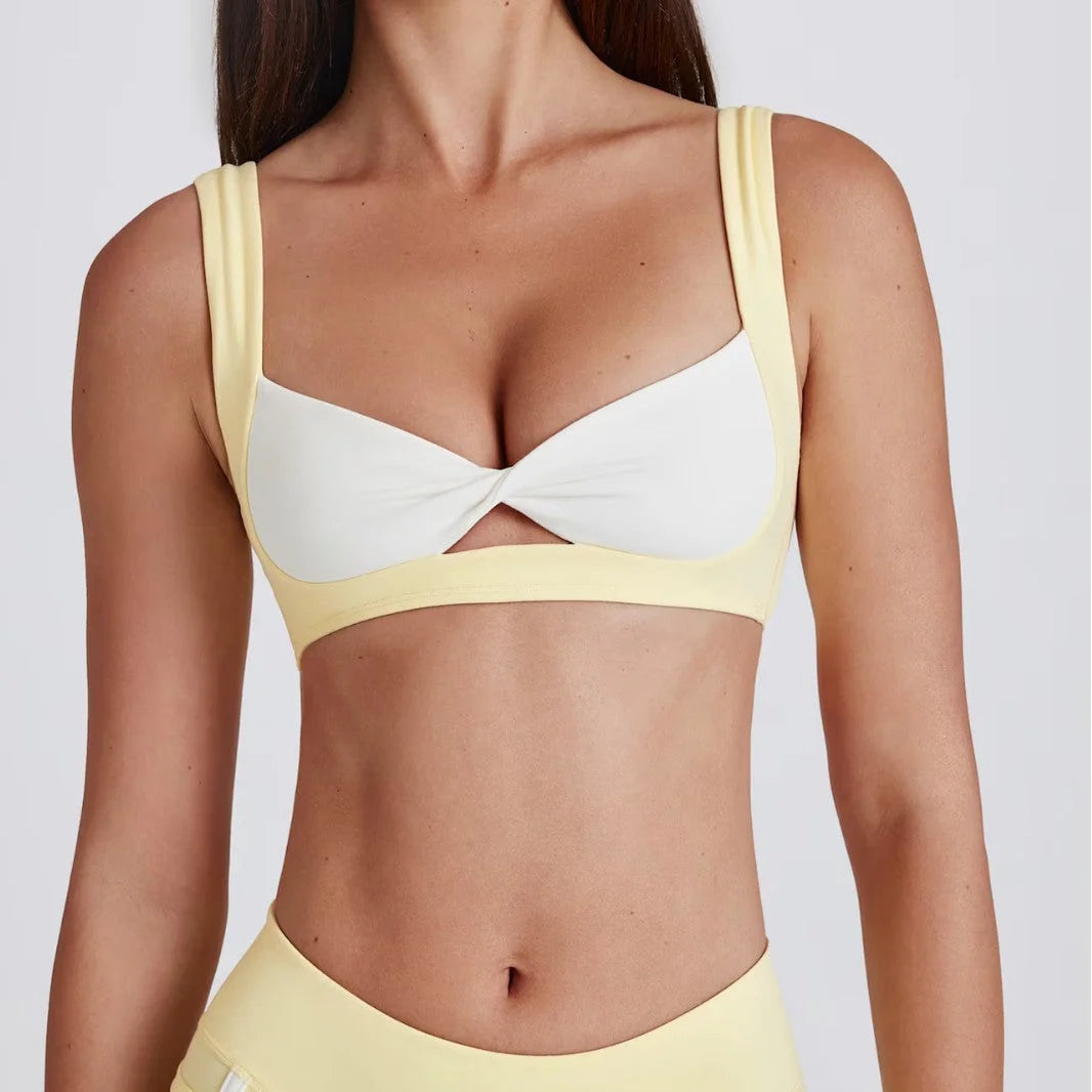 Summer Contrast Cutout Sports Bra Deep U Yoga Mesh Back
