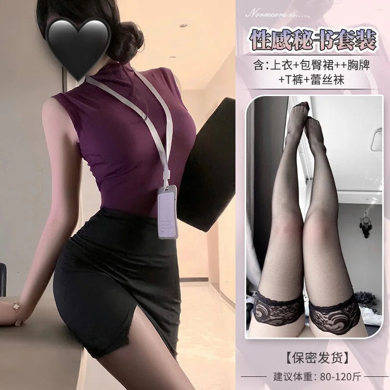 Secreteer office uniform lingerie set with bodycon skirt and sheer stockings