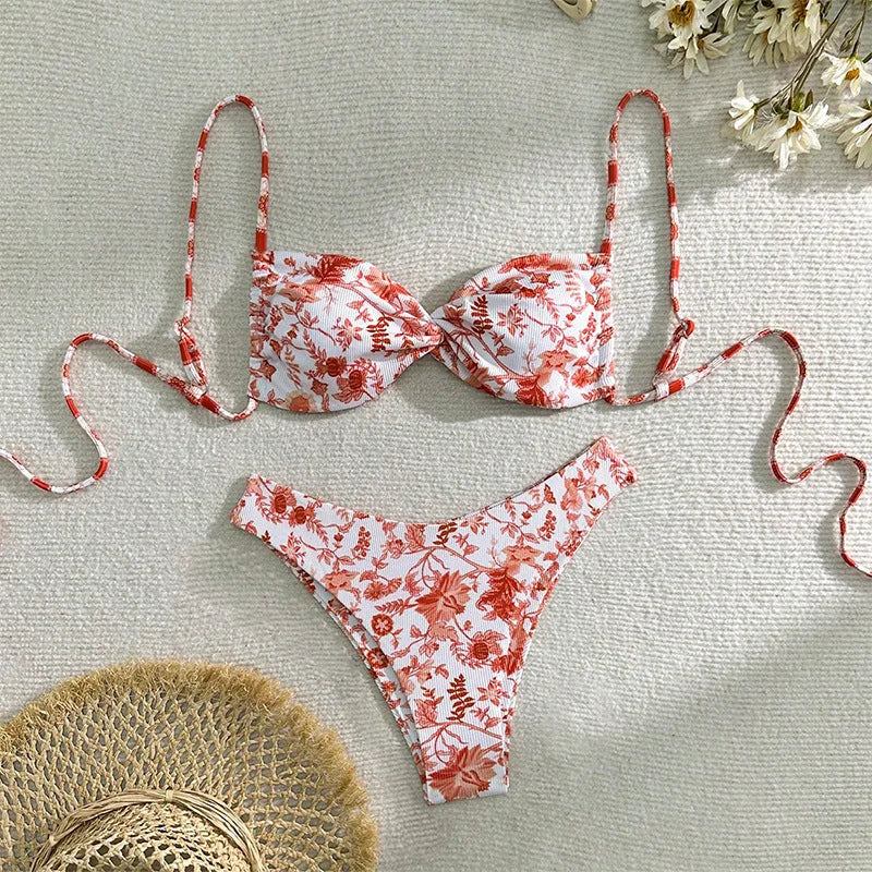 Floral Tie-Front Bikini Set - High-End Beach Swimwear