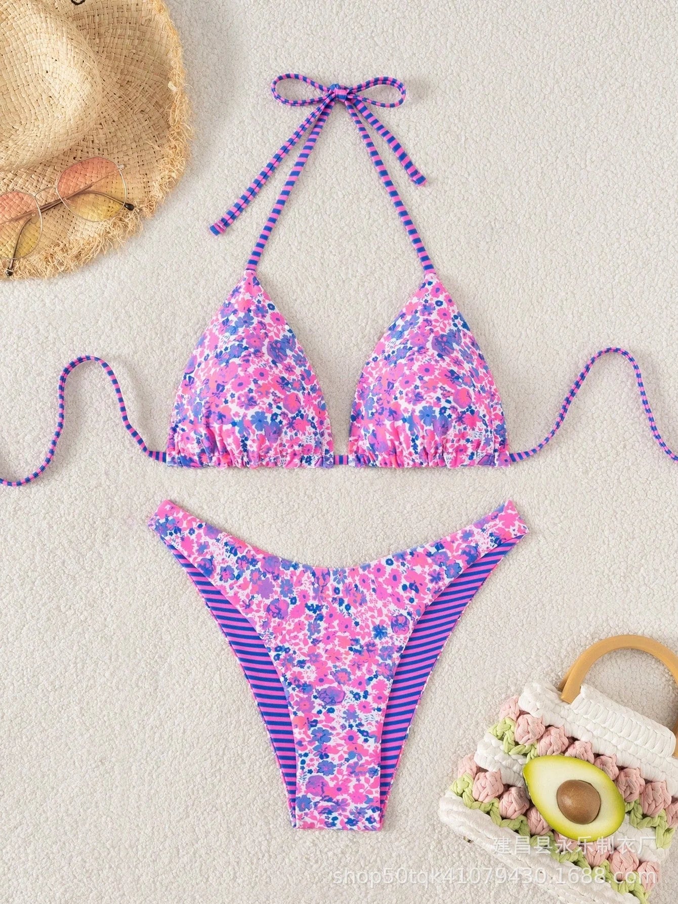 Floral print bikini set with tie front triangle top