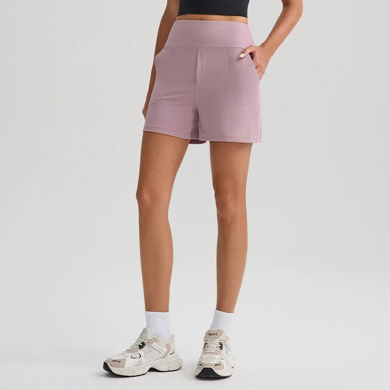 Nude Feel Yoga Shorts High Waist Pockets Quick Dry Breathable