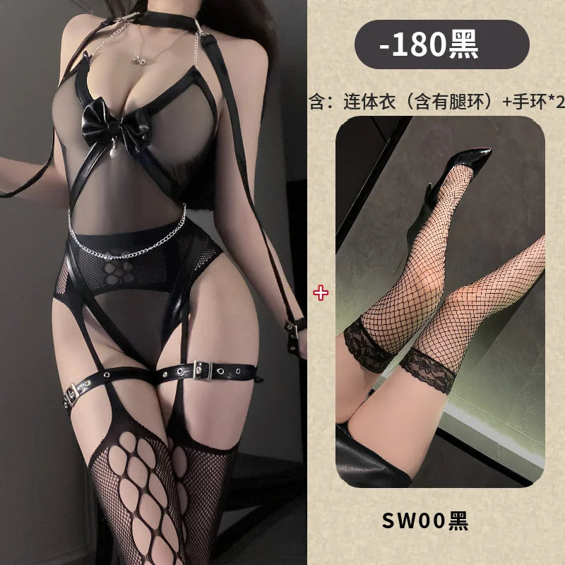 net lace garter belt sheer bodysuit with mesh stockings seductive bondage