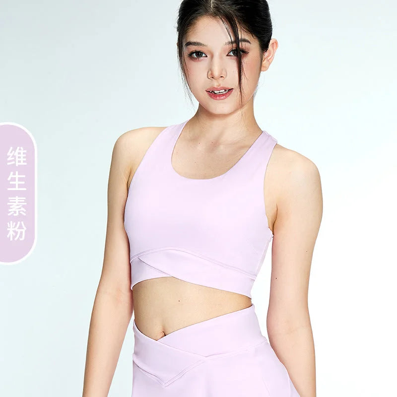 Cross-Waist High Support Yoga Sports Bra Removable Cups U-Neck Workout Lingerie