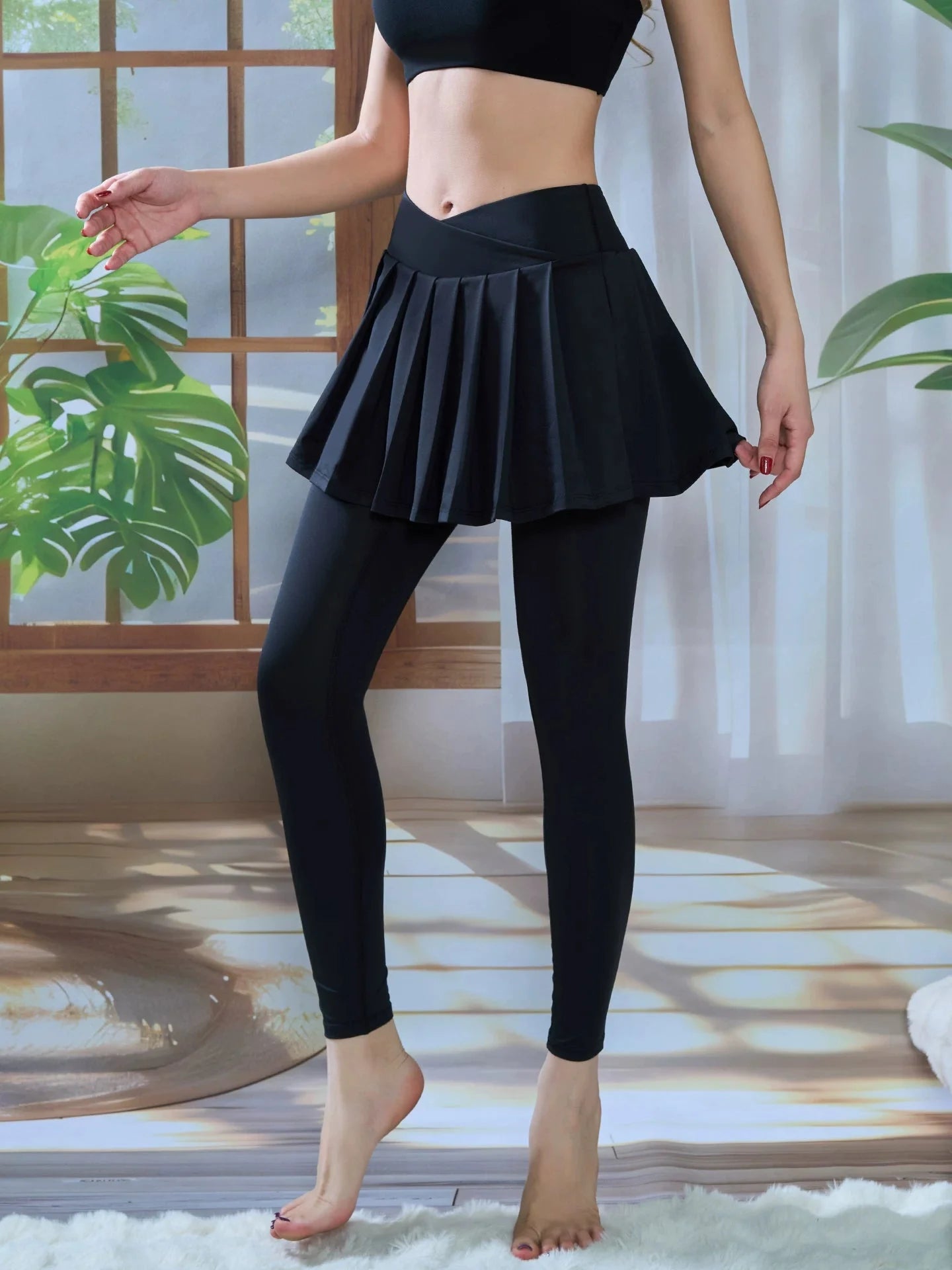 High Waisted Pleated Yoga Skirt Leggings - Anti-Chafe Quick Dry