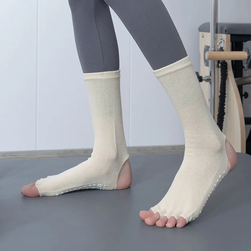 Non-Slip Open Toe Yoga Socks with Heel Cutout, Breathable Cotton Grip Pilates Socks
