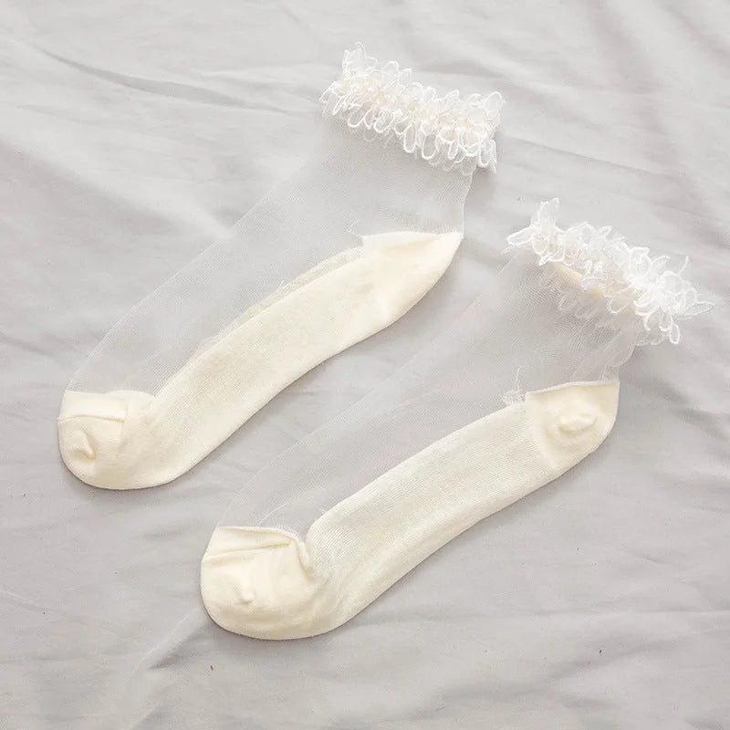 Lace Trim Sheer Ankle Socks - Cute Ruffle Cotton Socks