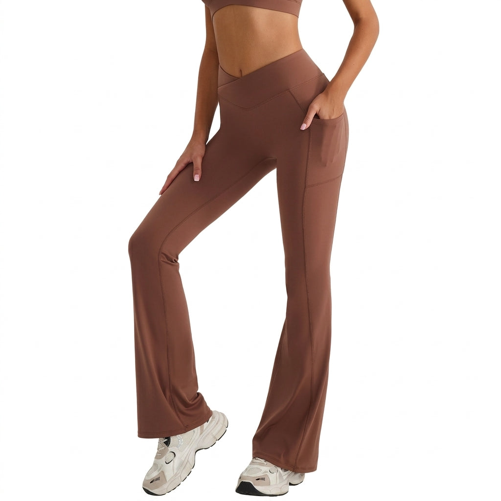 High-Waist Cross-V Flared Yoga Pants Side Pockets