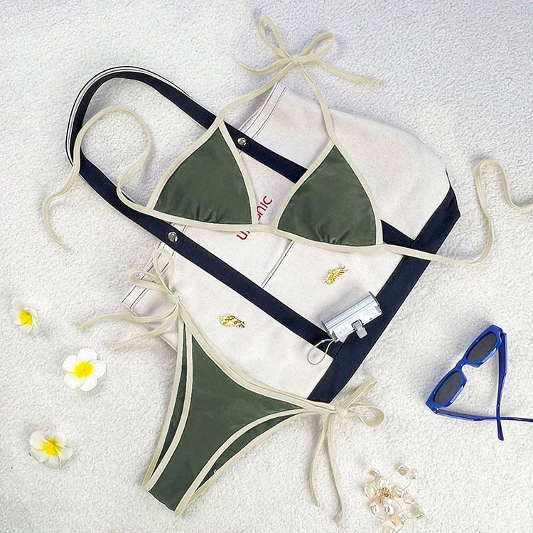 Colourful Tie-Strap Bikini Set with Bold Contrast Piping