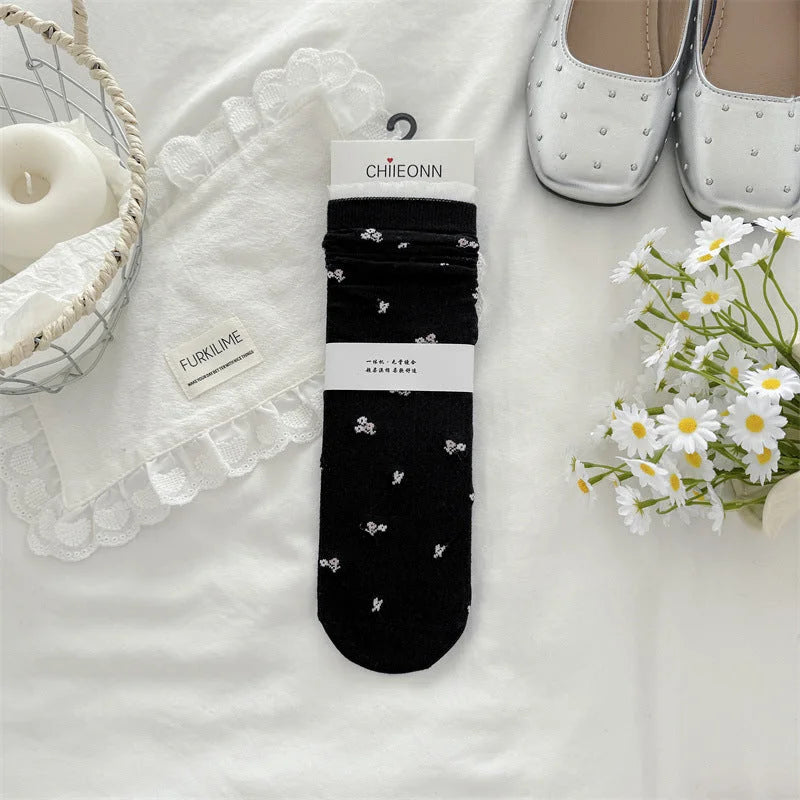 Sheer Floral Lace Trim Mid Calf Socks for Women