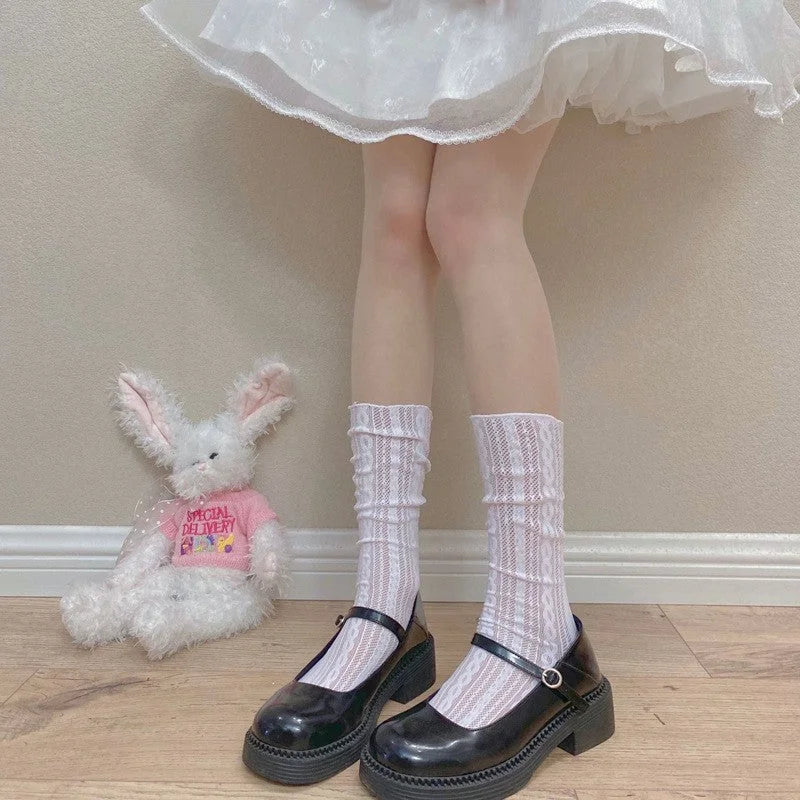 Lace Bow Mid-Calf Socks for Women - Cute Butterfly Frill Knee High Socks