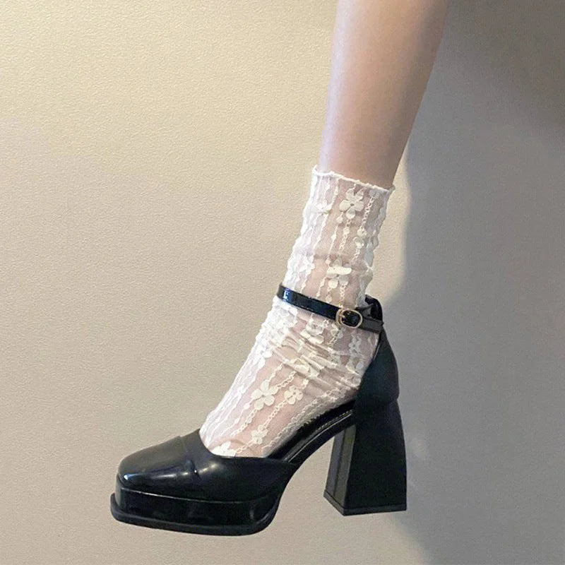 Sheer Lace Mid-Calf Socks Ballet Style Floral Mesh Tulle Socks