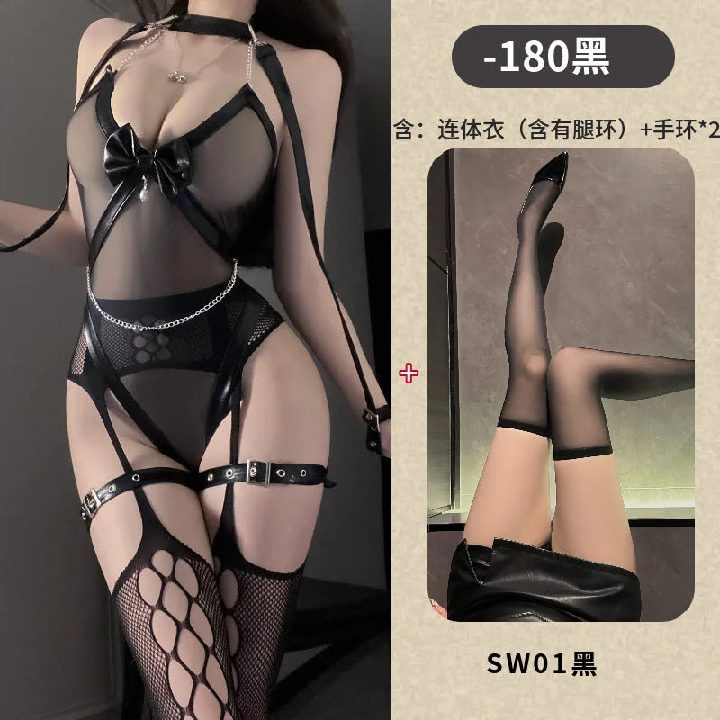 net lace garter belt sheer bodysuit with mesh stockings seductive bondage