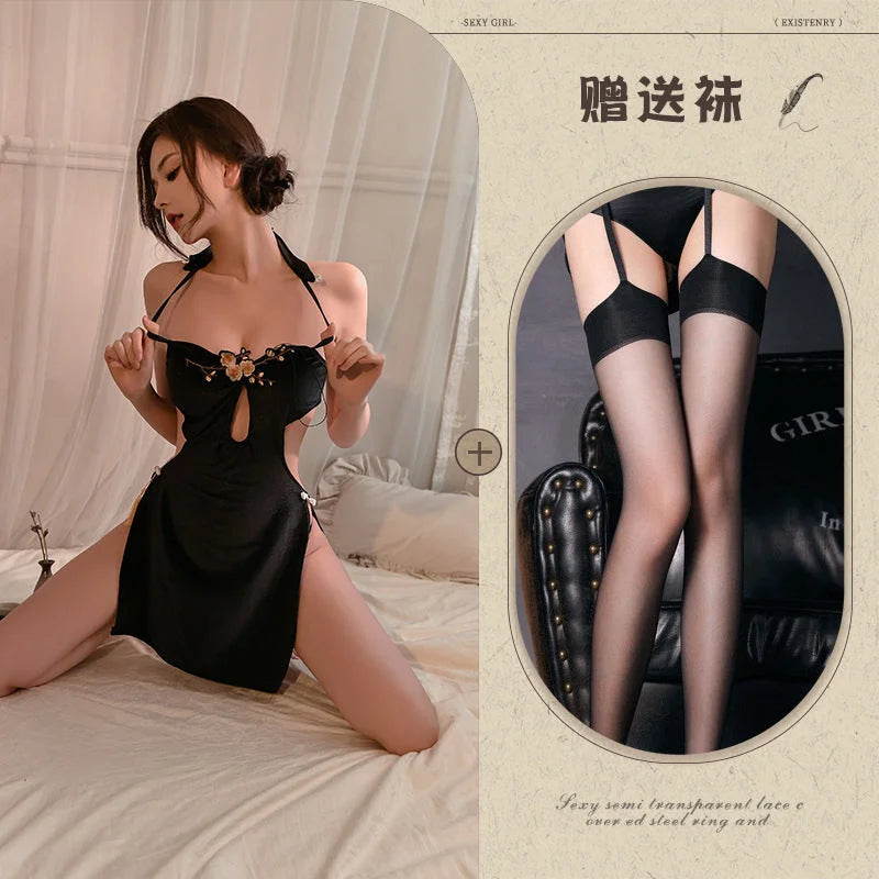 Classical Velvet Qipao with Plum Blossom Embroidery and High Slit
