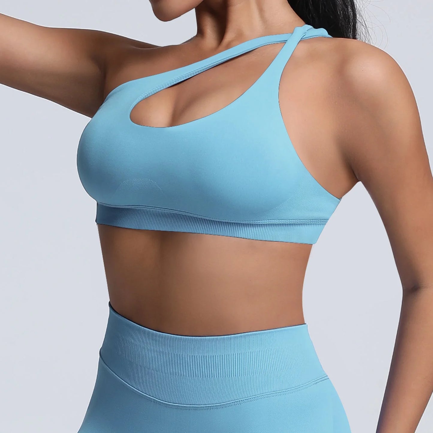 seamless matte nylon sports bra with shoulder strap and open back