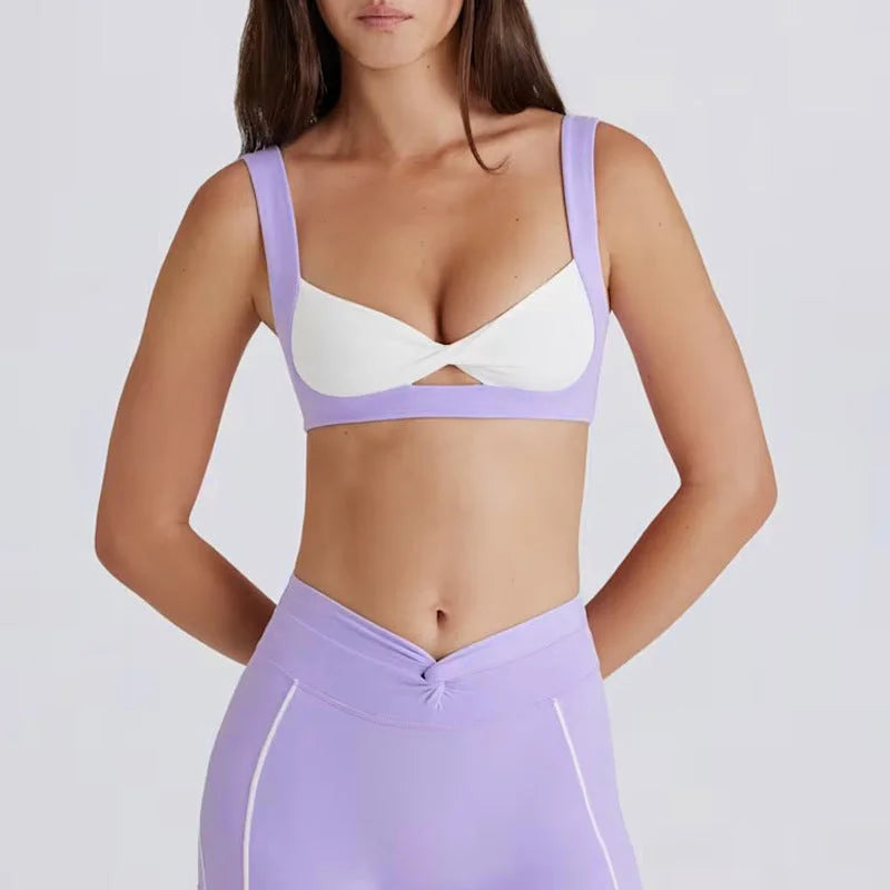 Summer Contrast Cutout Sports Bra Deep U Yoga Mesh Back