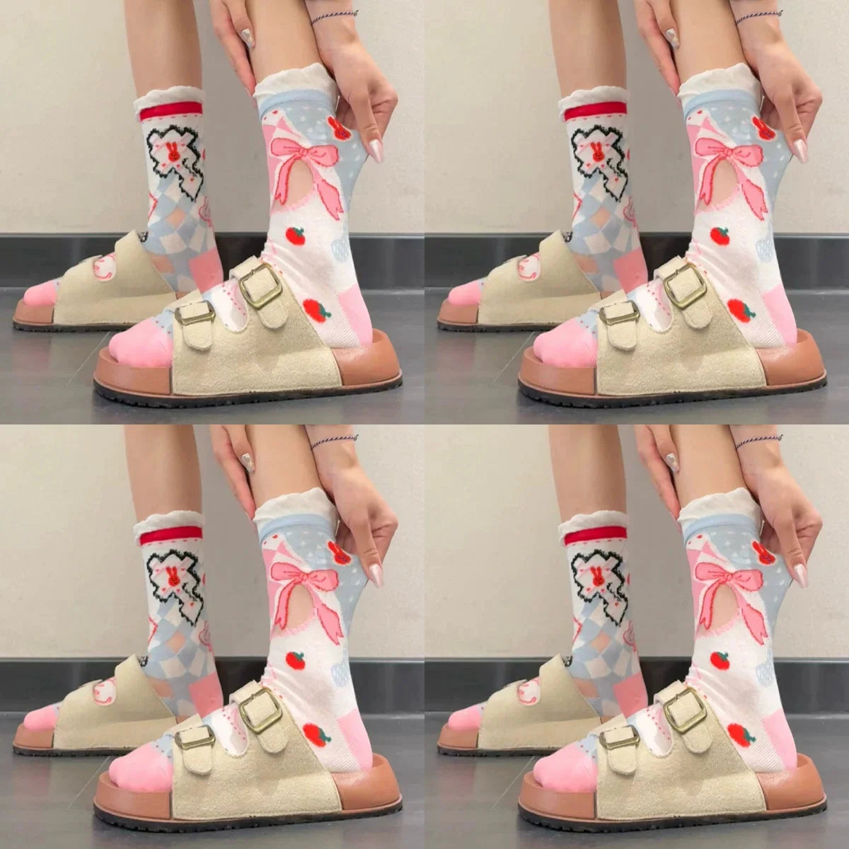 Cute Patterned Crew Socks for Women - Girly Bow Heart Bunny Designs