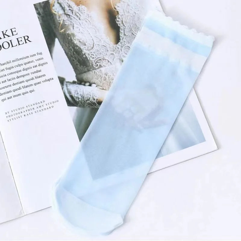 Ultra Sheer Thin Summer Stockings for Women - Ruffled Edge Ice Silk Socks