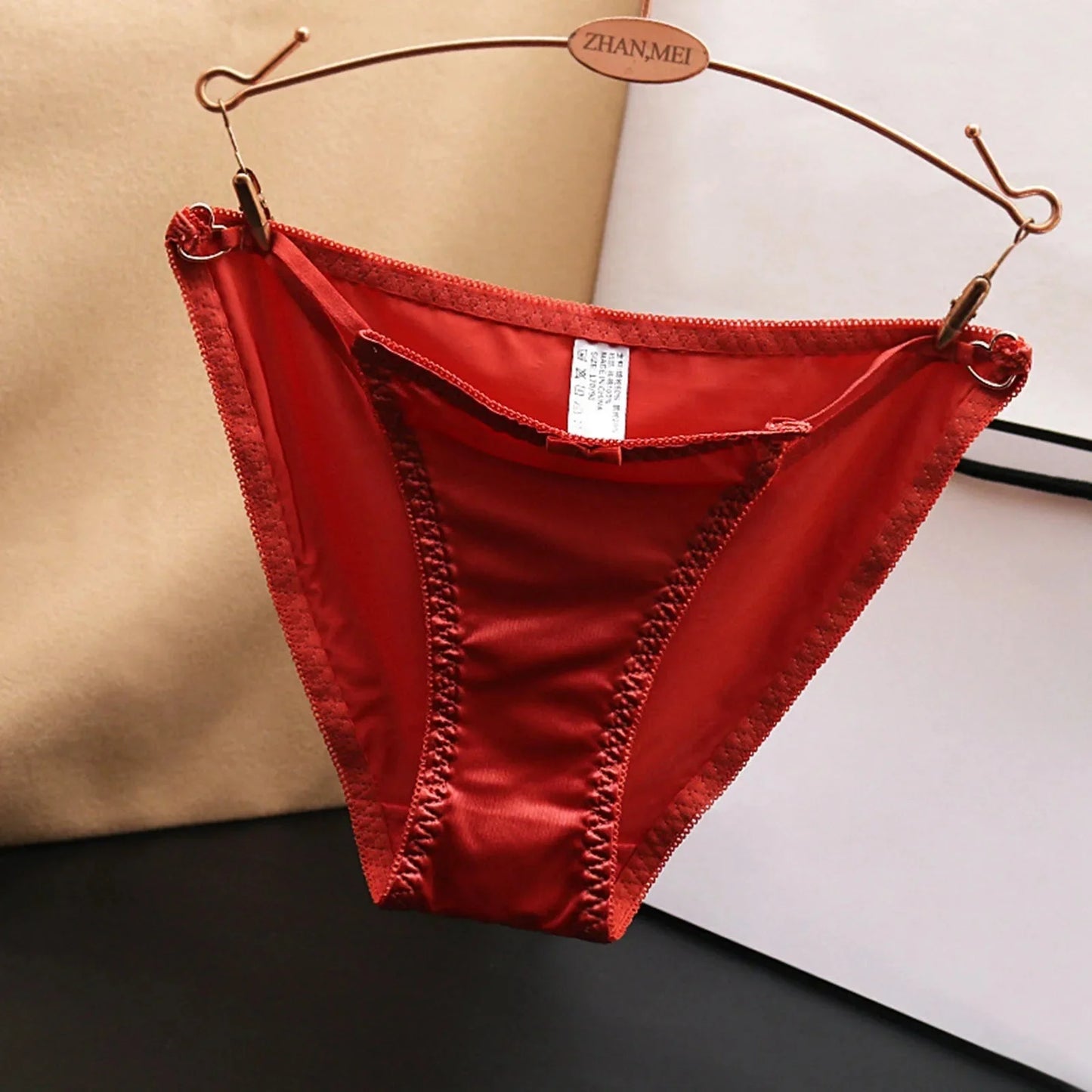 French Bow Low Waist Seamless Satin Hollow Out Panties for Women