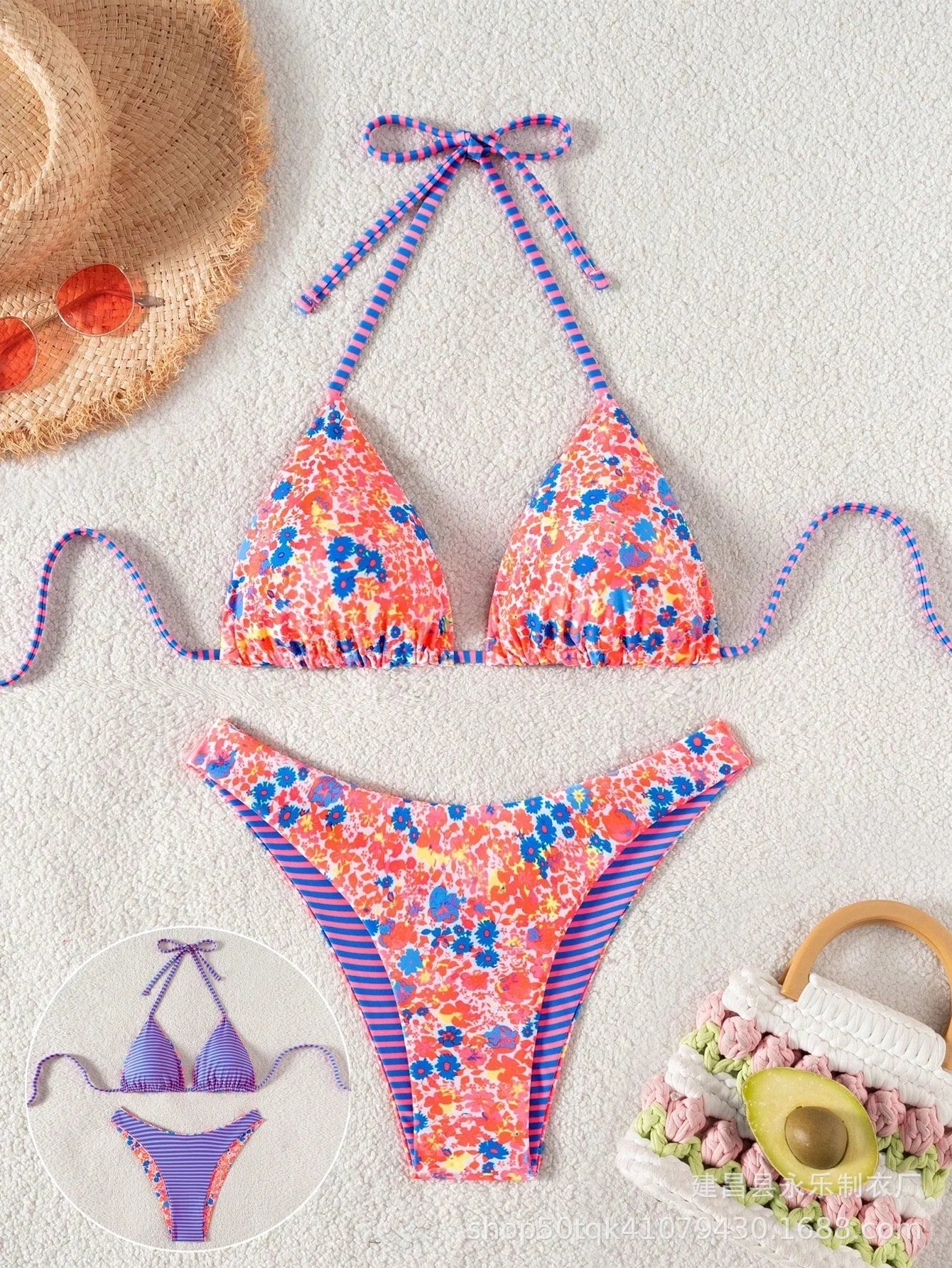 Floral print bikini set with tie front triangle top