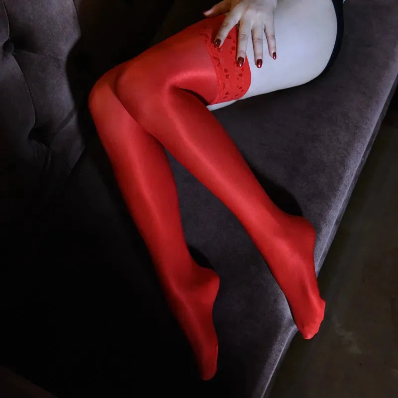 Lace Top Stay Up Over Knee Stockings 70D Oil Shiny Sexy Hosiery