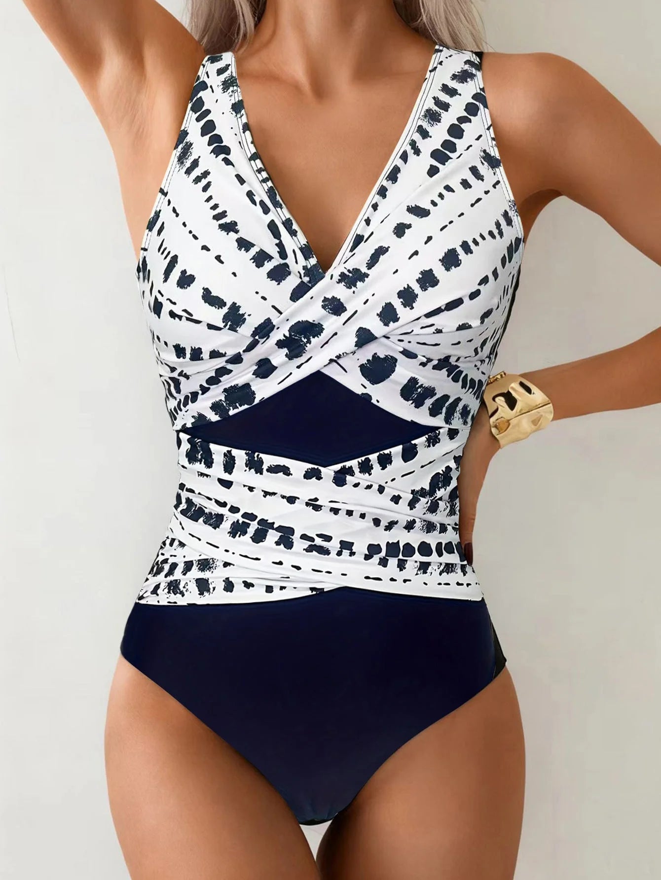 Colourblock swimsuit with cross straps & tie detail