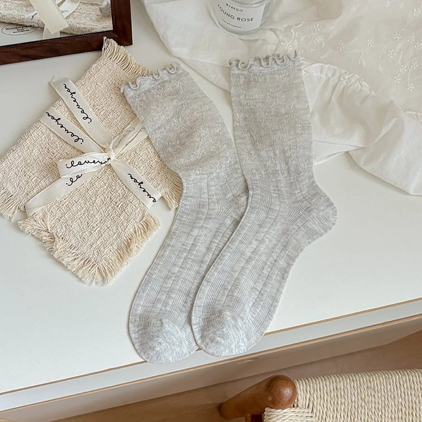White Lace Ruffle Ankle Socks Women - Sheer Breathable Ballet Style