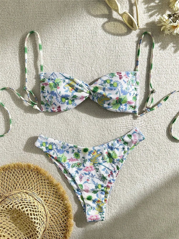 Floral Tie-Front Bikini Set - High-End Beach Swimwear