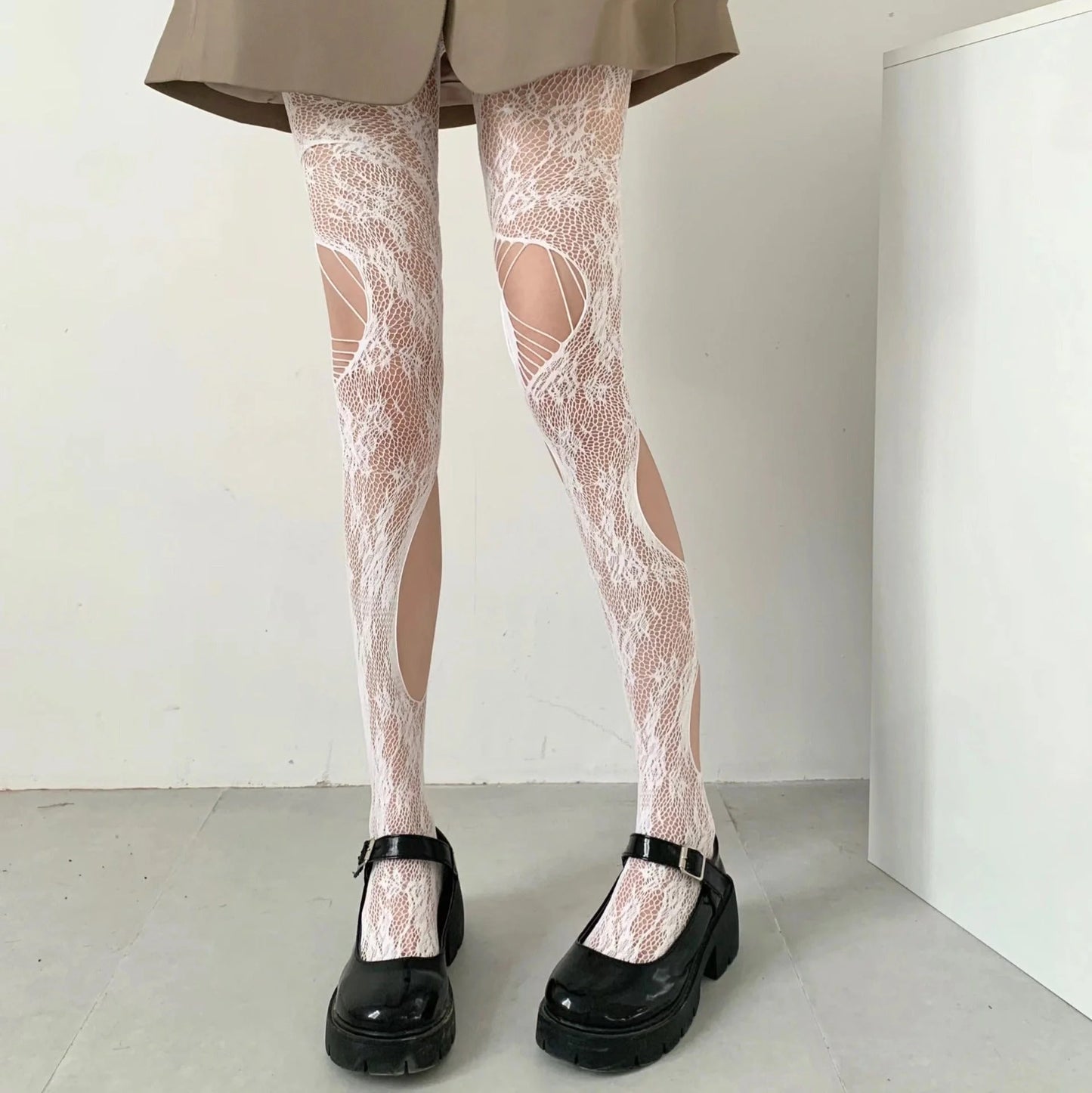 Ripped Lace Fishnet Tights Cutout Stockings Y2K Punk Style