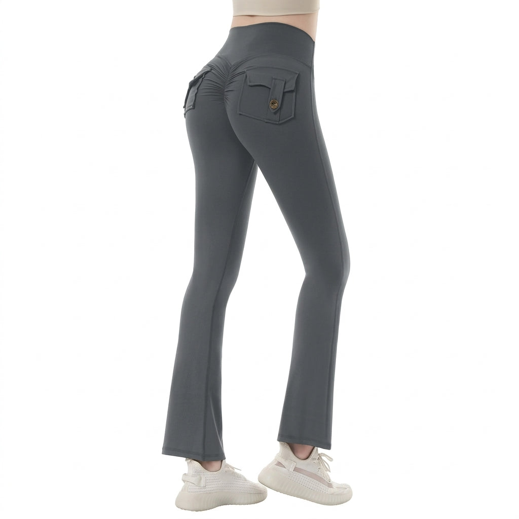 High-Waist Micro-Flare Yoga Pants Cargo Pockets