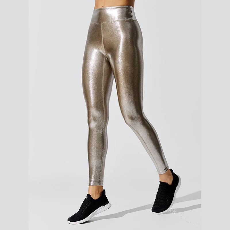 High-Waisted Metallic Leggings Pure Colour Yoga Pants Butt-Lifting Pencil Leggings