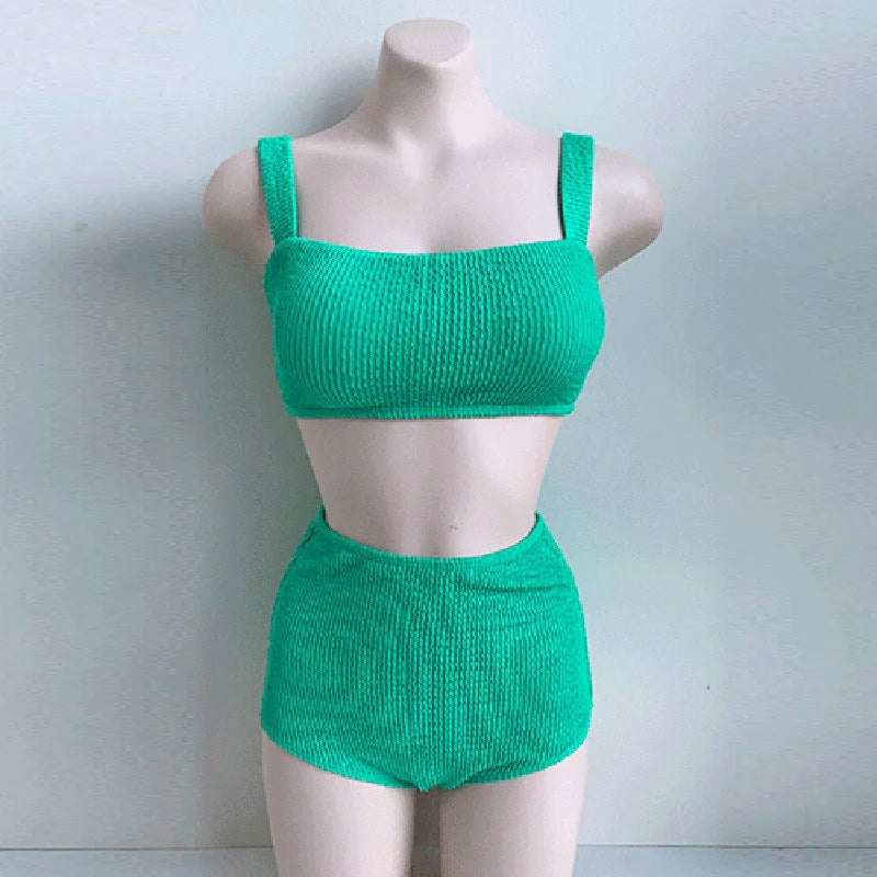 high waist two piece bikini set, colour blocking, figure sculpting swimwear