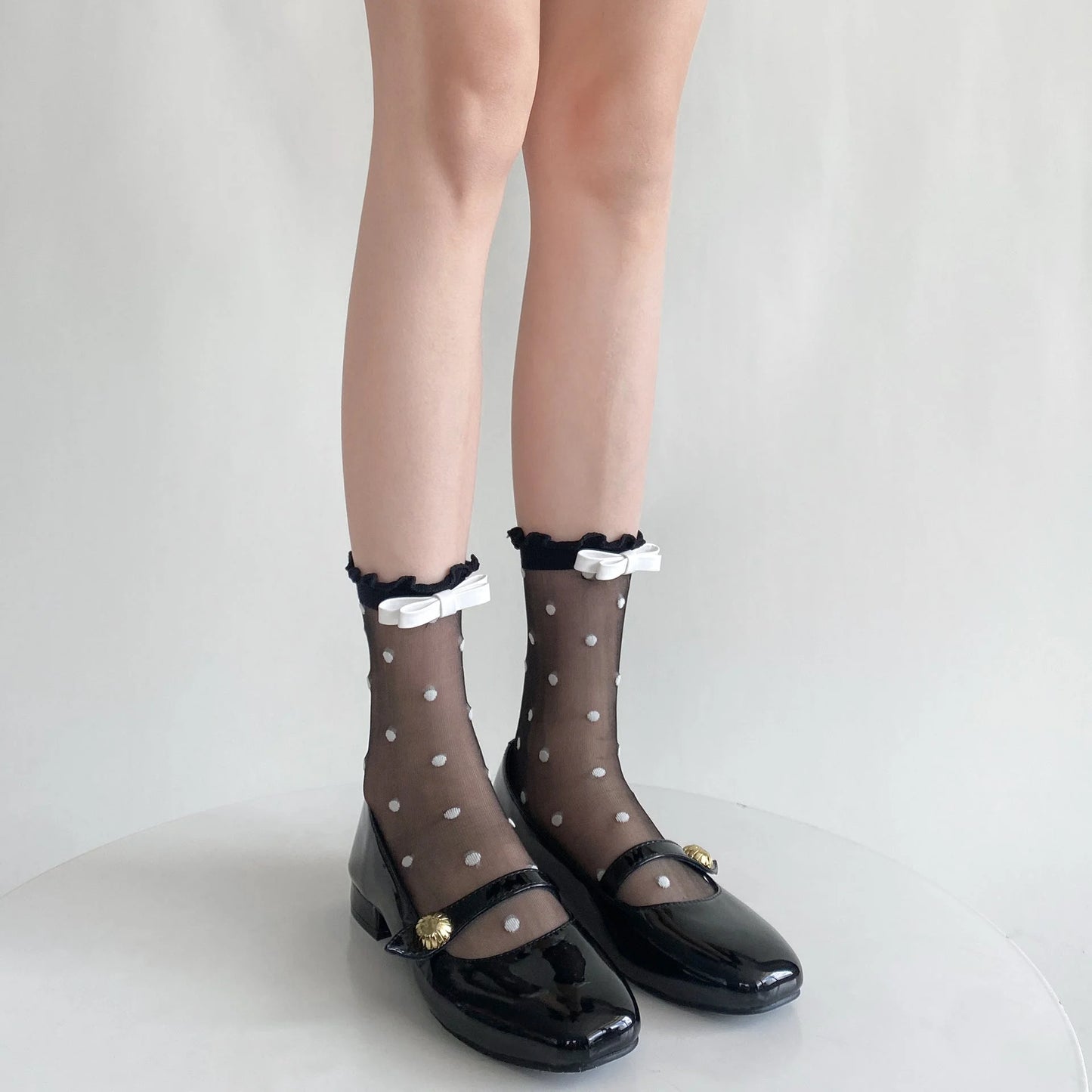 Polka Dot Sheer Socks with Bow Detail - Black & White Cute Ankle Socks