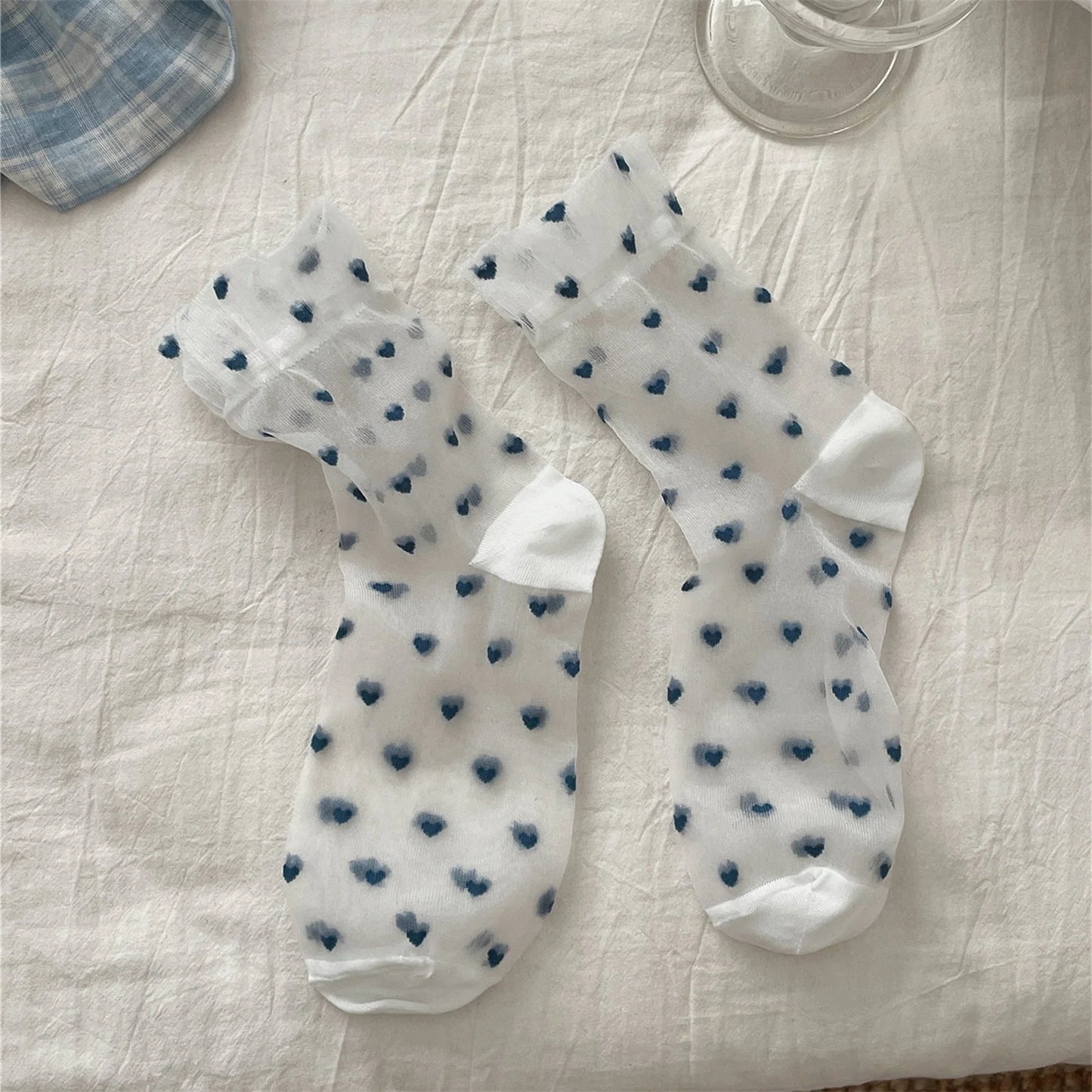 Sheer Heart Pattern Socks for Women - Cute Japanese Style Mid Calf Sheer Socks
