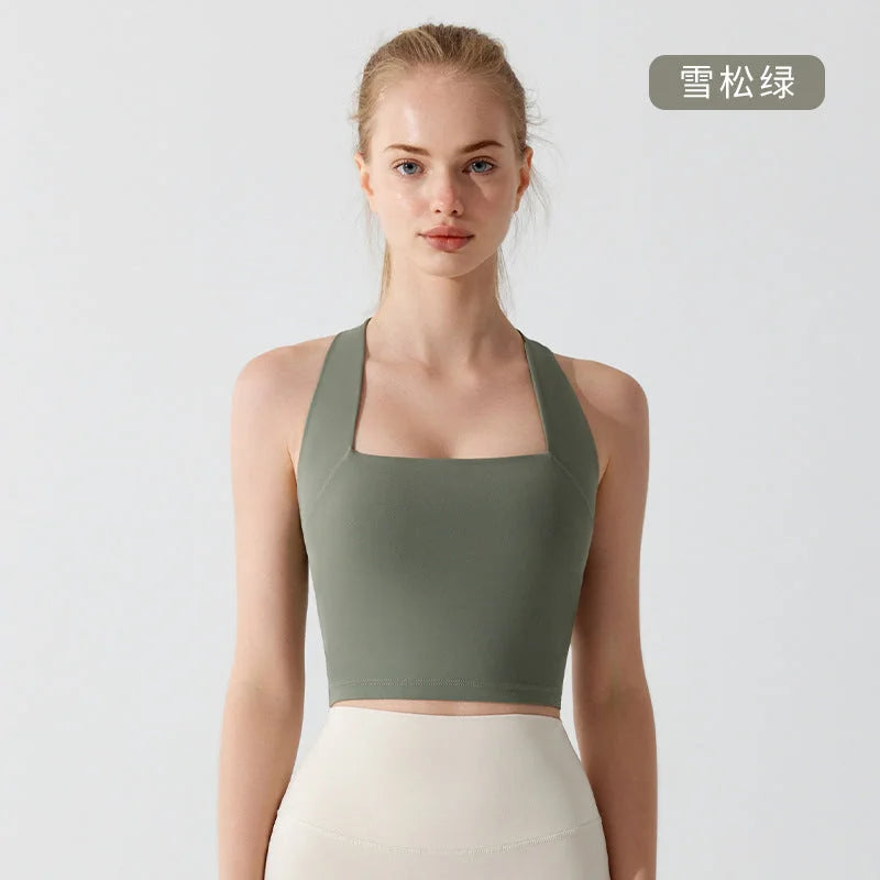Summer Nude-Feel Antibacterial Crisscross Back Sports Bra Wide Shoulder Strap High Impact Yoga Bra
