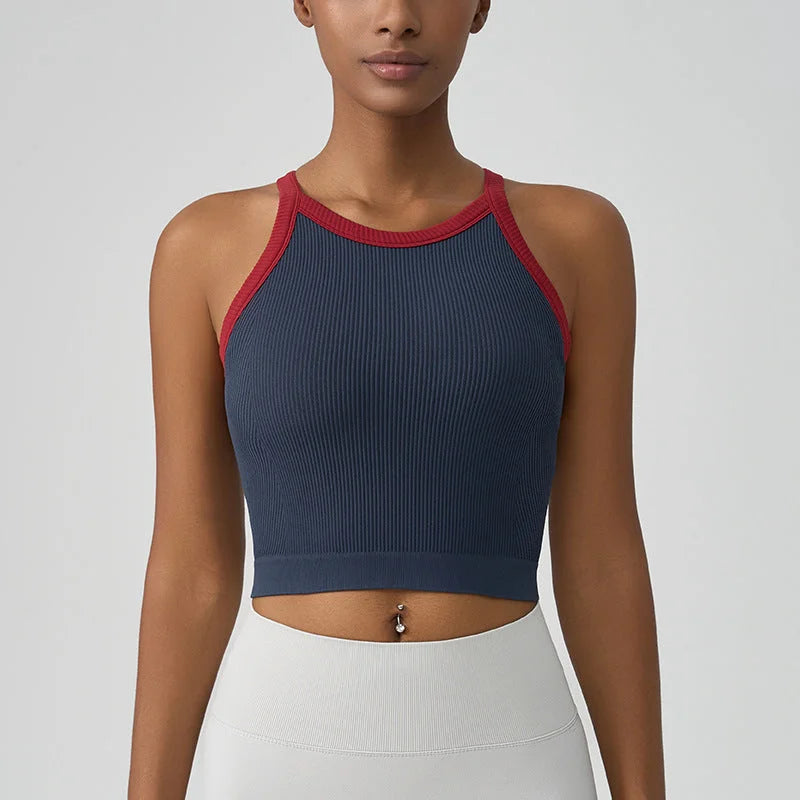 Color-Block Yoga Vest with Built-In Bra, High-Impact Sport Crop Top