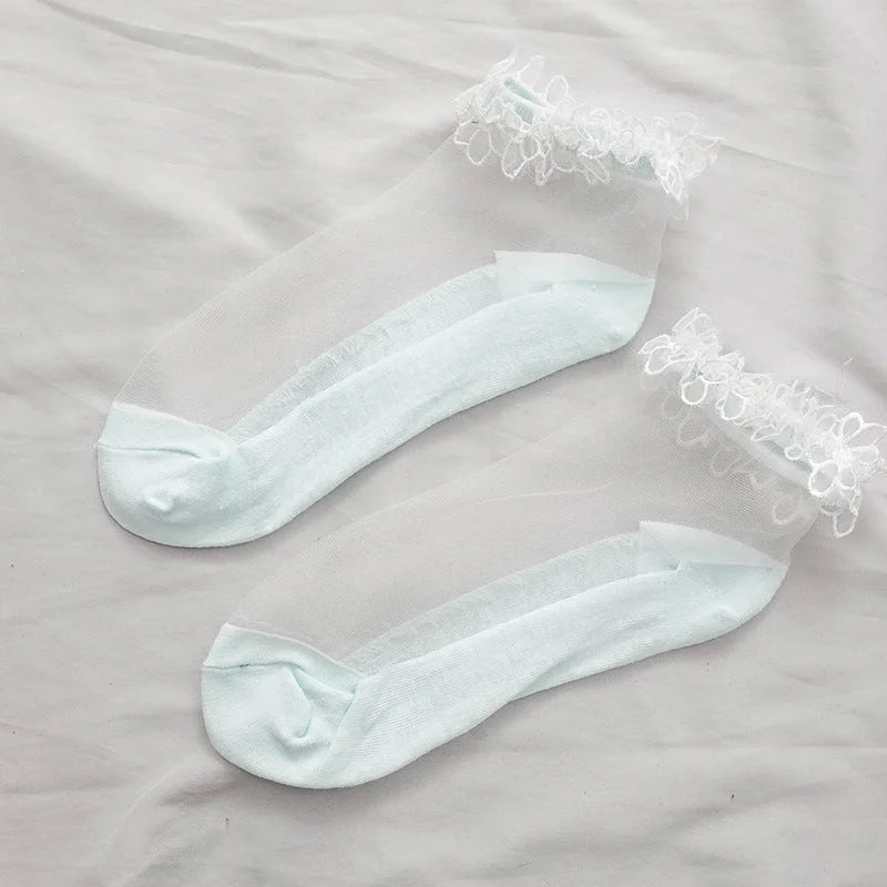 Lace Trim Sheer Ankle Socks - Cute Ruffle Cotton Socks