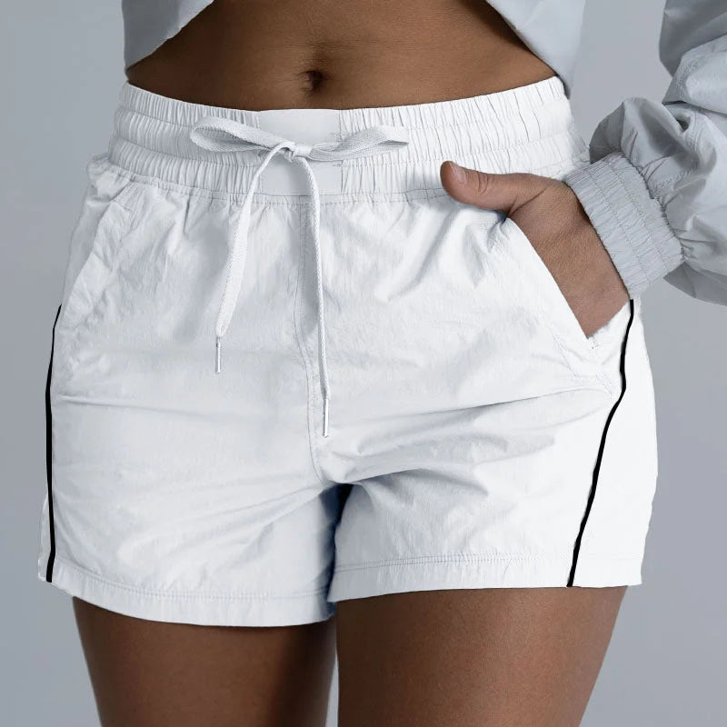 women's elastic waist running shorts, quick-dry sporty shorts with side stripes
