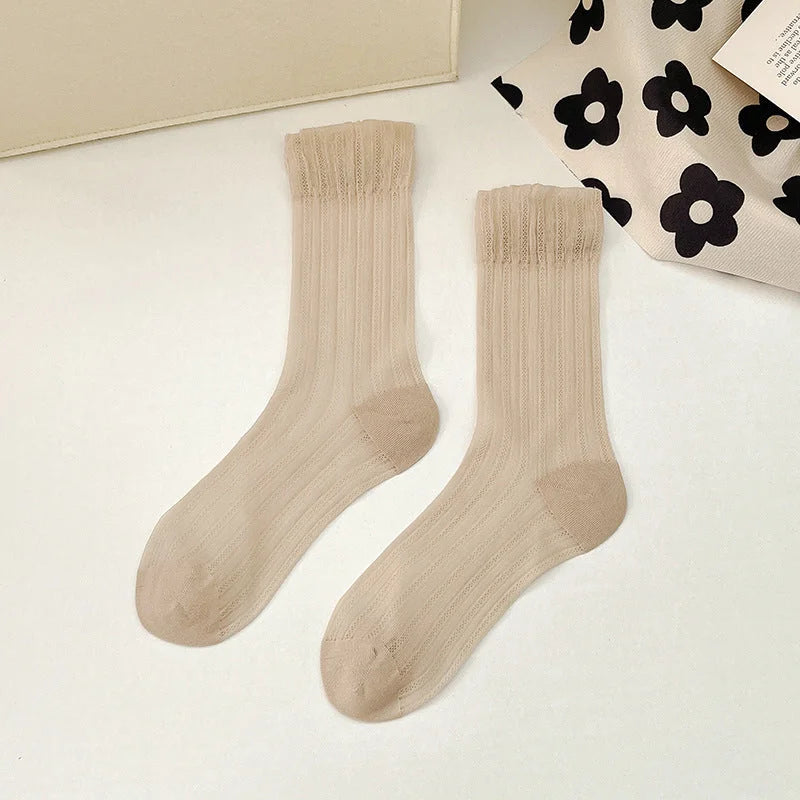 Breathable Mid Calf Sheer Socks for Women - Summer Thin Ribbed Crew Socks