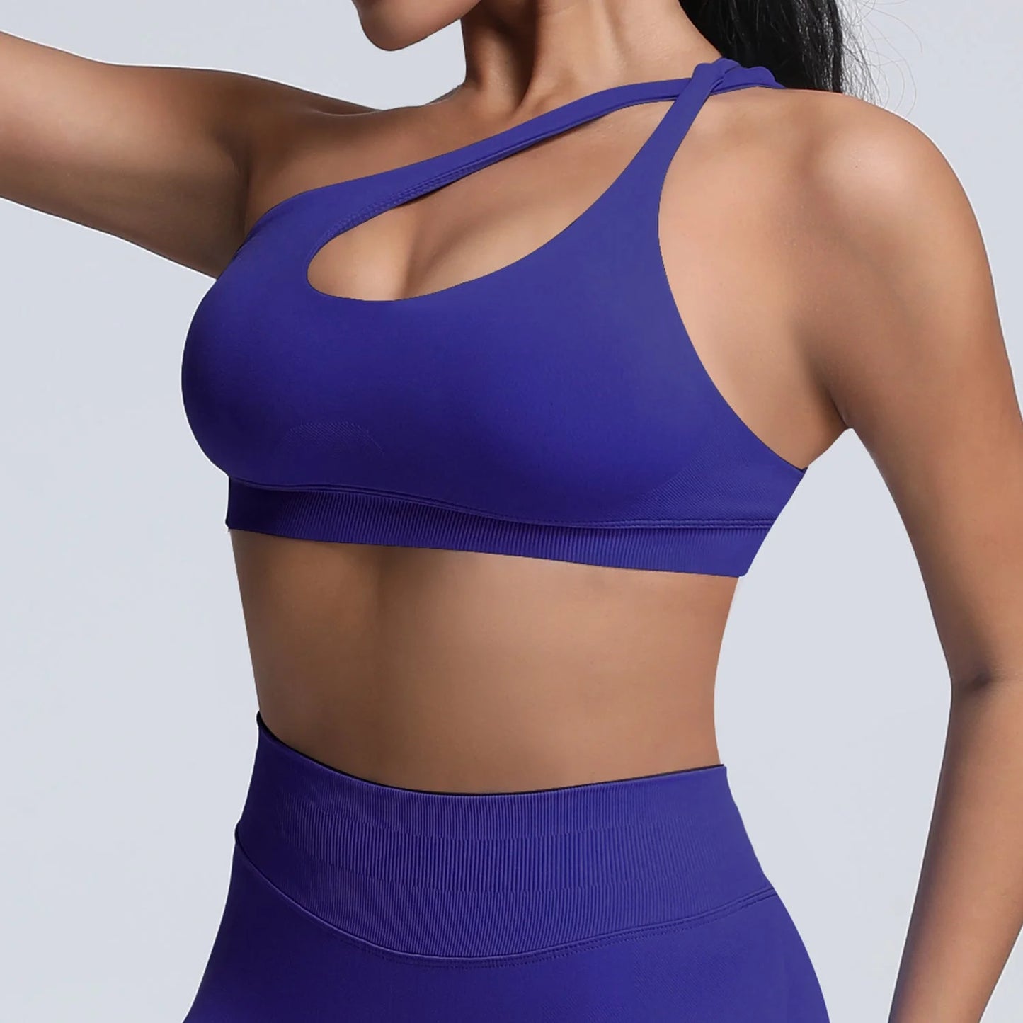 seamless matte nylon sports bra with shoulder strap and open back