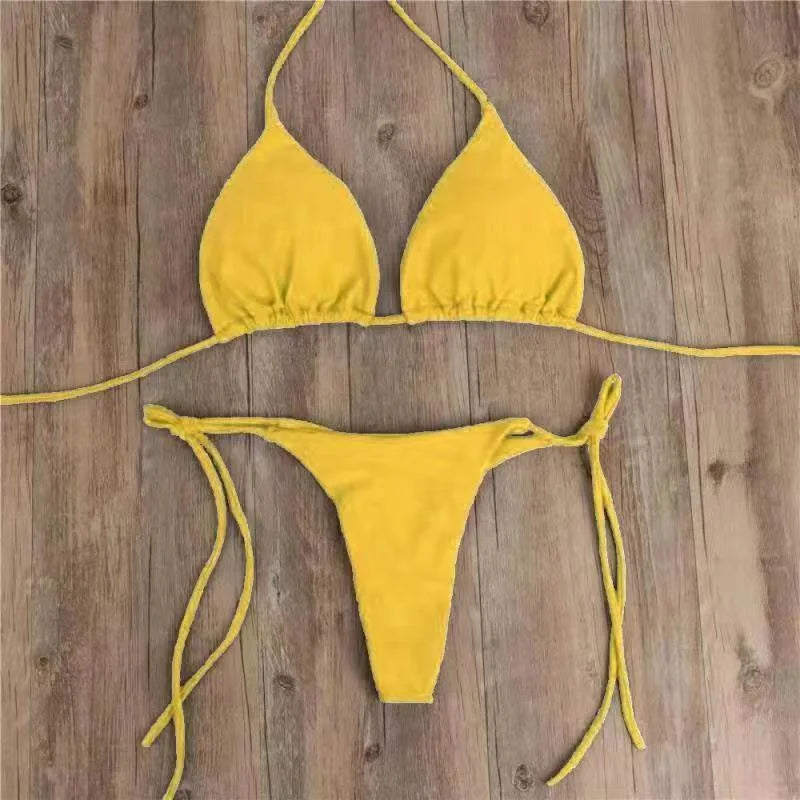 Pure Colour Three-Point Bikini with Adjustable Ties