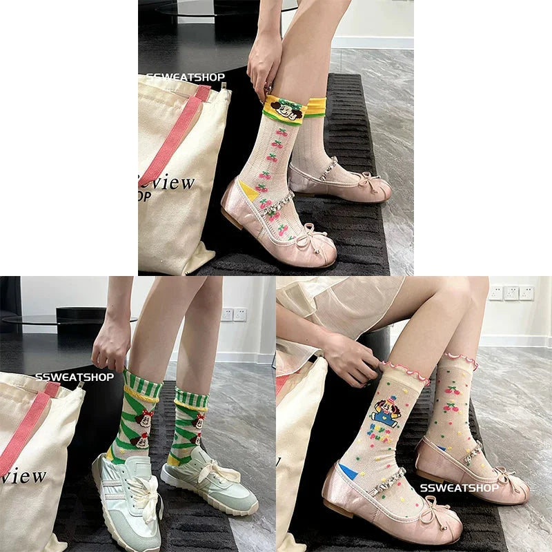 Sheer Lace Cute Dog Pattern Mid Calf Socks for Women - Breathable Thin Fashion
