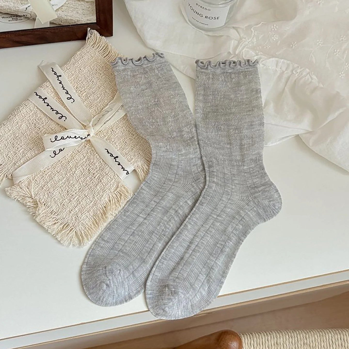 White Lace Ruffle Ankle Socks Women - Sheer Breathable Ballet Style