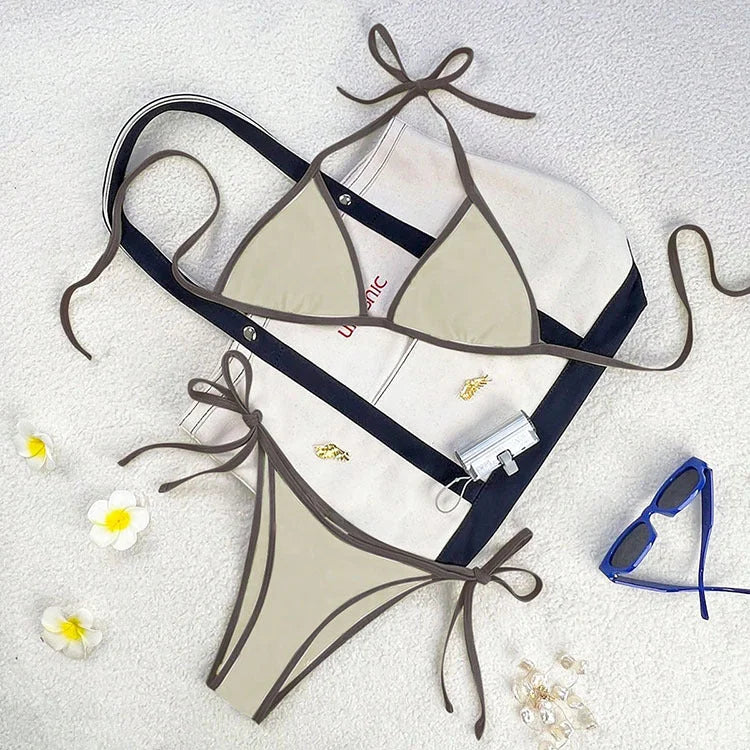 Colourful Tie-Strap Bikini Set with Bold Contrast Piping