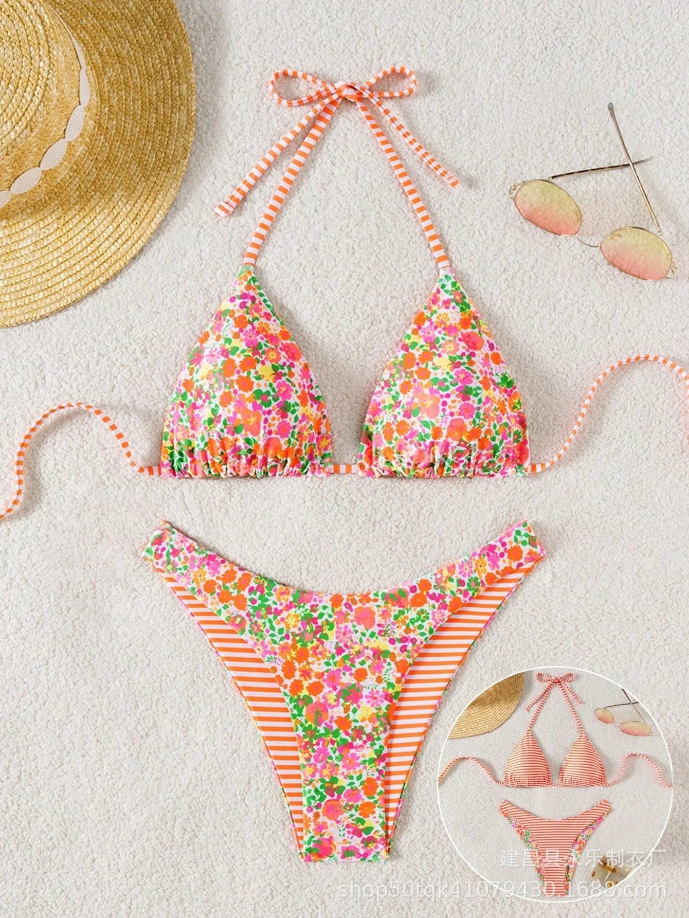 Floral print bikini set with tie front triangle top