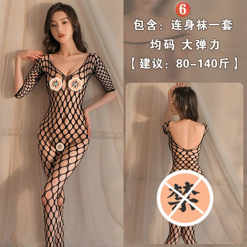 transparent sheer open crotch teddy bodysuit with black stockings & sheer mesh