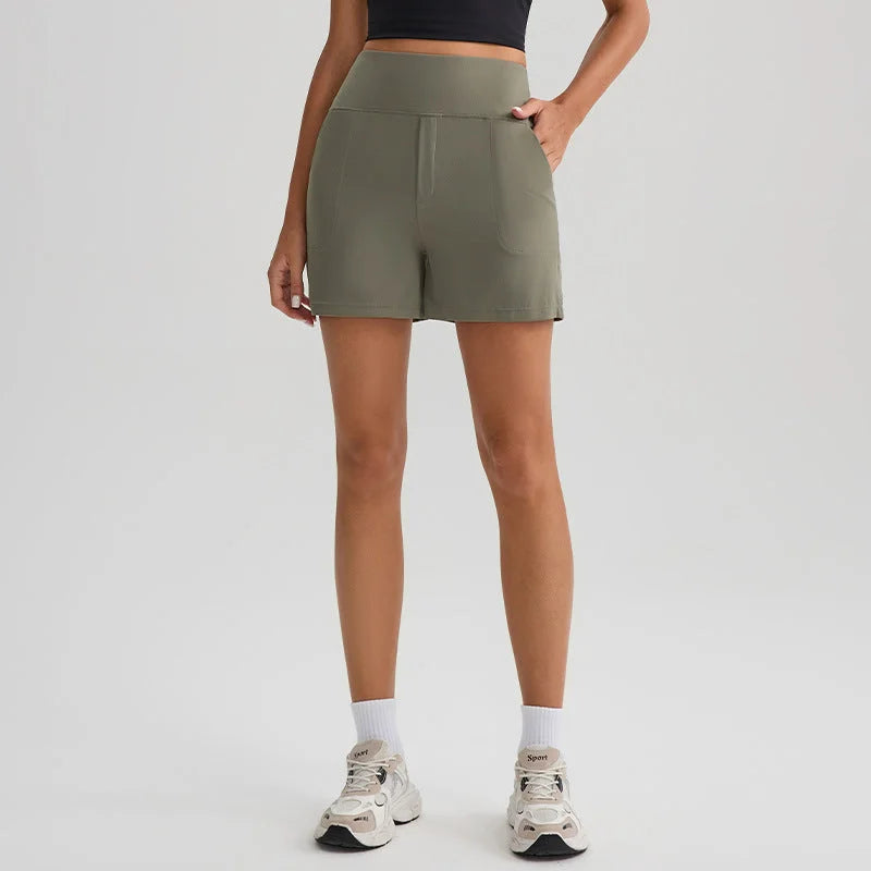 Nude Feel Yoga Shorts High Waist Pockets Quick Dry Breathable