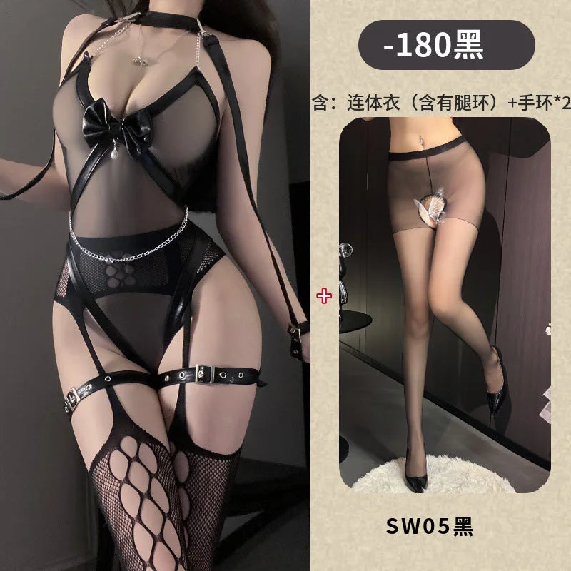 net lace garter belt sheer bodysuit with mesh stockings seductive bondage