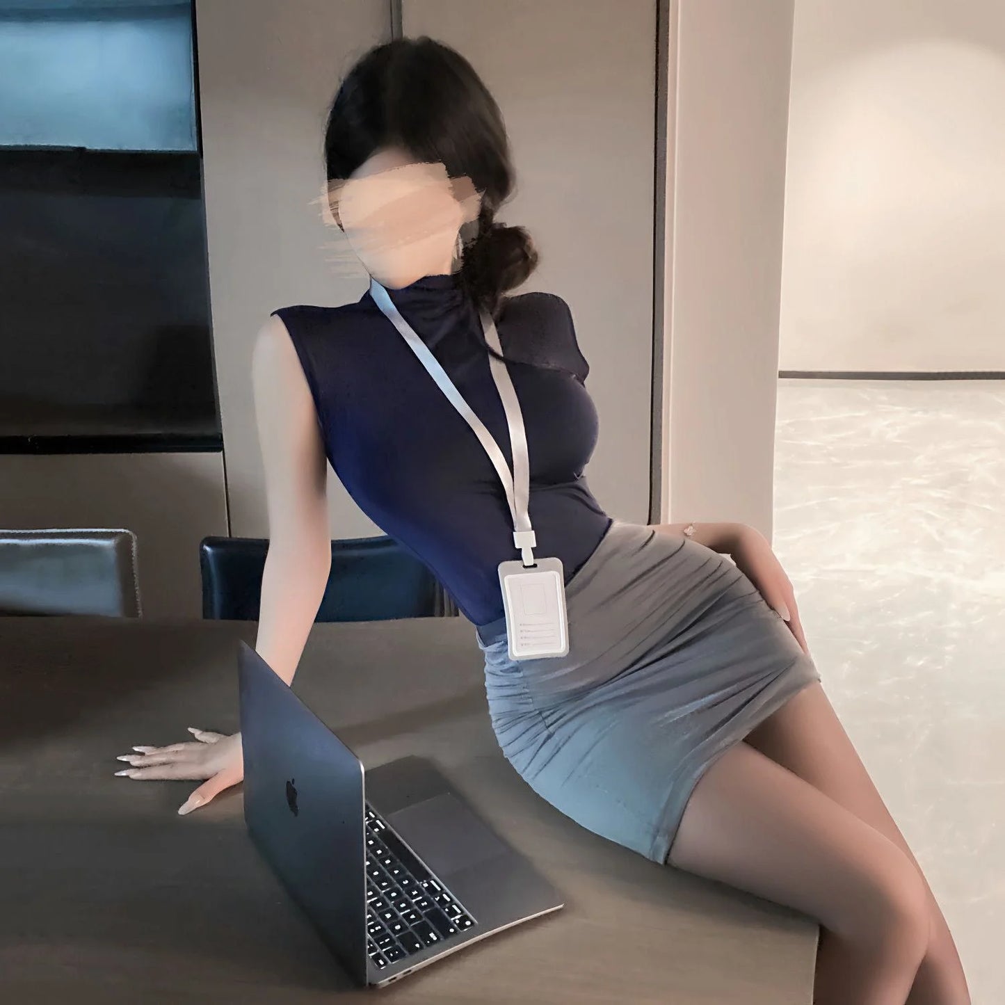 Secreteer office uniform lingerie set with bodycon skirt and sheer stockings